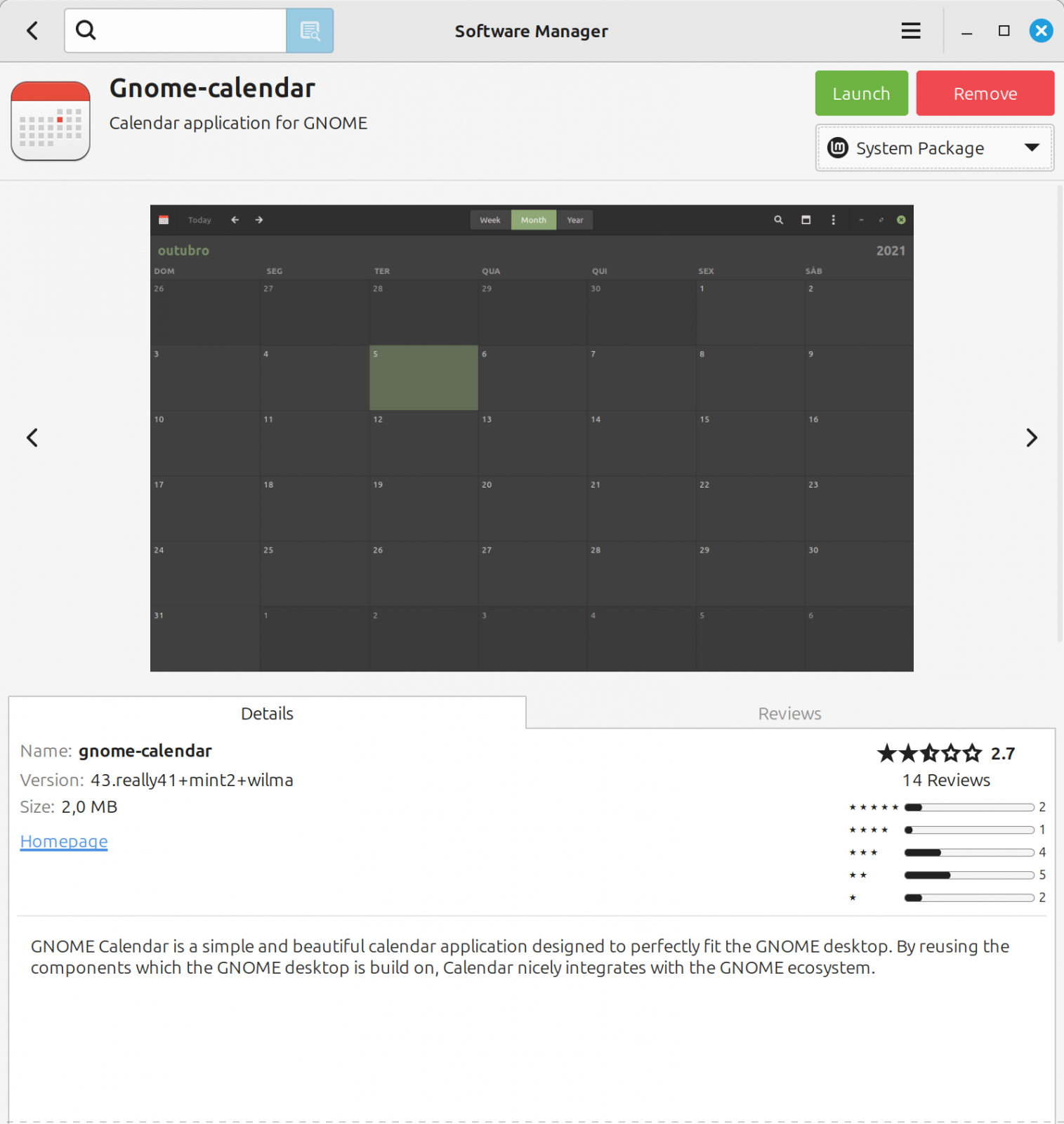 GNOME Calendar in Software Manager