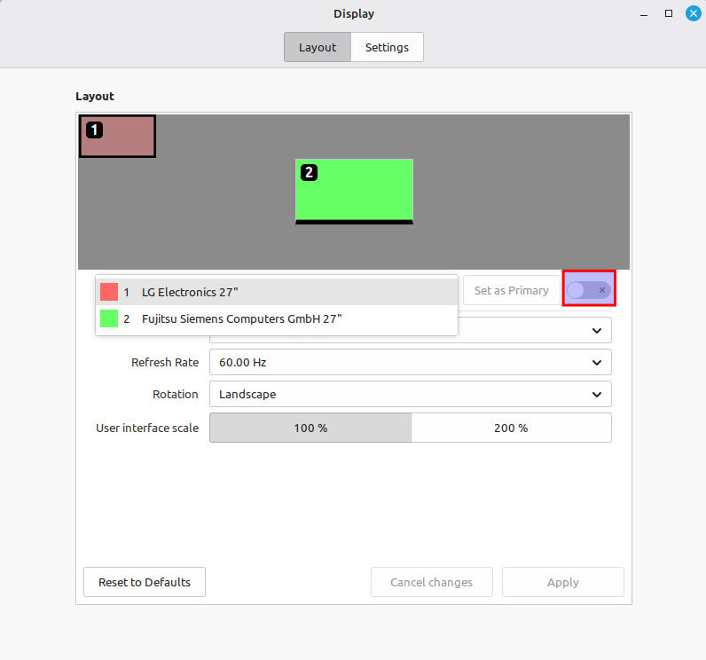 Kijelző (Display) –  letiltott (kikapcsolt) másodlagos monitor